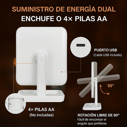 Espejo LED Triplegable Recargable para Maquillaje