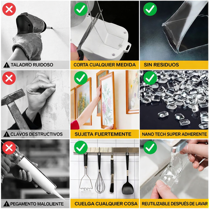 Cinta Nano Doble Cara Ultra Resistente 2x1 - Pega, fija y organiza sin clavos, sin taladros y sin dañar tus paredes.