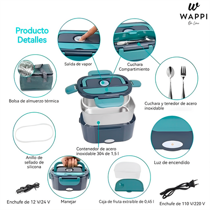 🔥Lonchera Eléctrica Portátil Acero Inoxidable 2L | 12V-220V - Calienta tu comida en cualquier lugar 🚗🍱