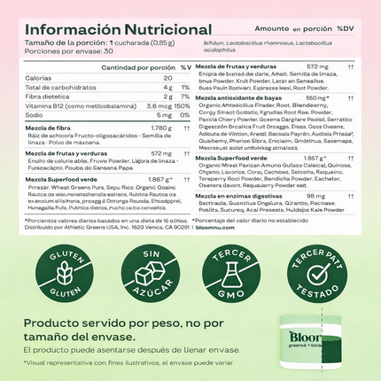 Bloom Greens & Superfoods – Jugo Verde Digestivo Diario (Kiwi Fresa)