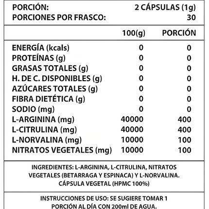 Óxido Nítrico 1000mg – 60 Cápsulas | Energía y Circulación Saludable