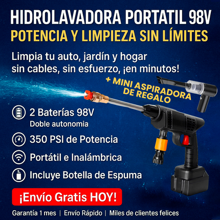 💦Combo Hidrolavadora Portátil 2 Baterías 98V - Con accesorios + Mini Aspiradora de Regalo🚗🎁