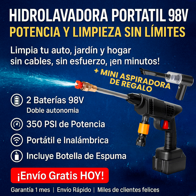 💦Combo Hidrolavadora Portátil 2 Baterías 98V - Con accesorios + Mini Aspiradora de Regalo🚗🎁